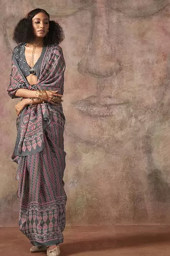 Grey color ajrakh print satin georgette saree