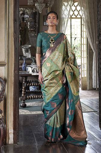 Green zari woven work silk blend  indian traditional wear saree