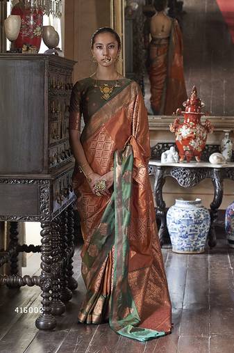 Rust zari woven work silk blend  indian traditional wear saree