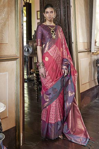 Pink zari woven work silk blend  indian traditional wear saree