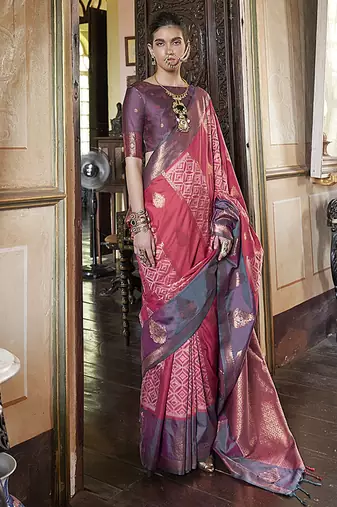 Pink zari woven work silk blend  indian traditional wear saree