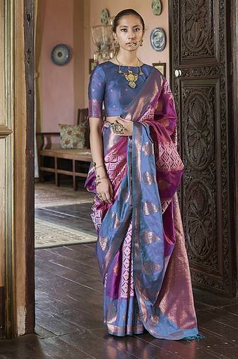 Magenta  zari woven work silk blend  indian traditional wear saree