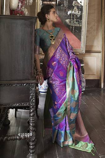 Purple zari woven work silk blend  indian traditional wear saree