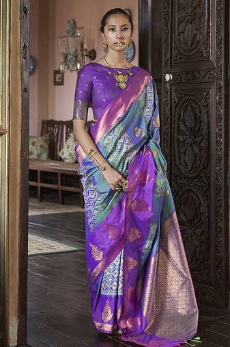 Turquoise zari woven work silk blend  indian traditional wear saree