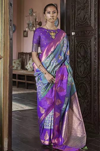 Turquoise zari woven work silk blend  indian traditional wear saree