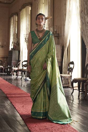 Parrot green exclusive tussar silk with elegant weaving work traditonal saree