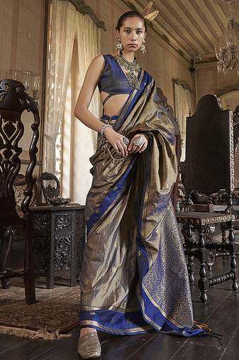 Golden exclusive tussar silk with elegant weaving work traditonal saree