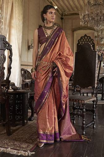 Rust exclusive tussar silk  with elegant weaving work traditonal saree