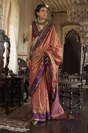 Rust exclusive tussar silk  with elegant weaving work traditonal saree