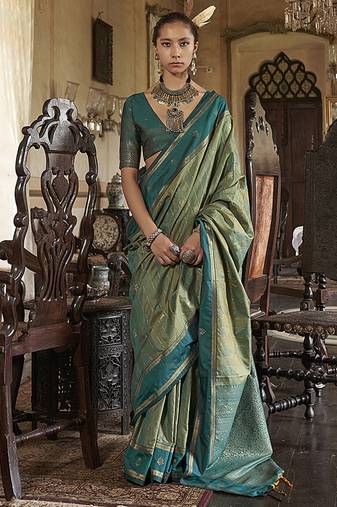 Sea green exclusive tussar silk  with elegant weaving work traditonal saree