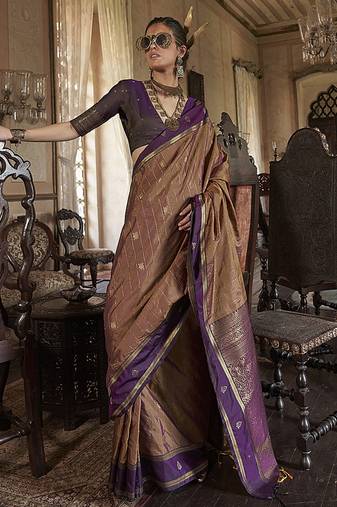 Brown exclusive tussar silk with elegant weaving work traditonal saree