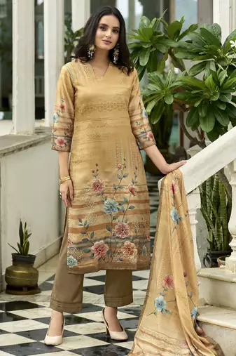 Cream ho organza floral printed straight kurta with pant & printed dupatta