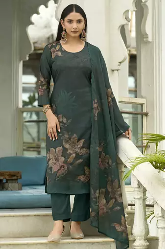 Dark green ho organza floral printed straight kurta with pant & printed dupatta
