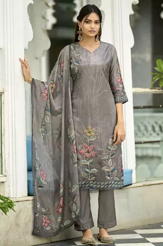 Grey ho organza floral printed straight kurta with pant & printed dupatta