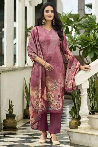 Mauve pink ho organza floral printed straight kurta with pant & printed dupatta