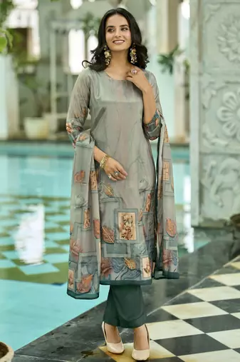 Sea green ho organza floral printed straight kurta with pant & printed dupatta