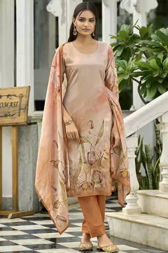 Peach ho organza floral printed straight kurta with pant & printed dupatta