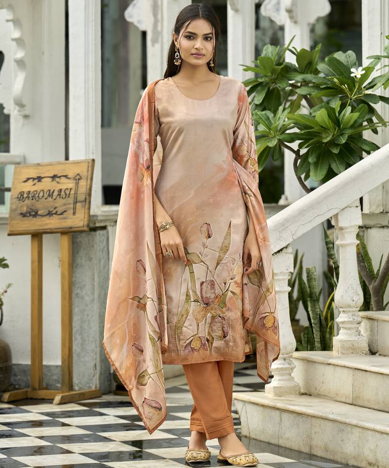 Peach ho organza floral printed straight kurta with pant & printed dupatta