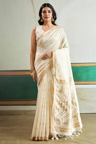 Off white handloom weaving silk blend festival wear saree