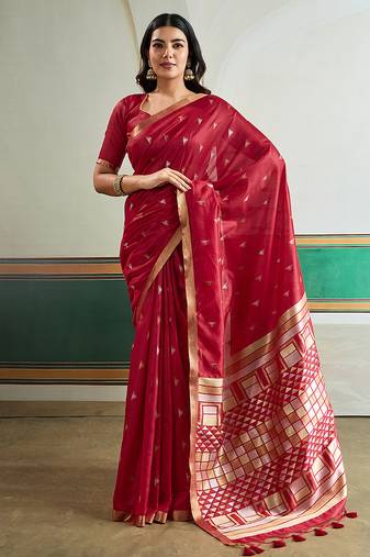 Maroon handloom weaving silk blend festival wear saree