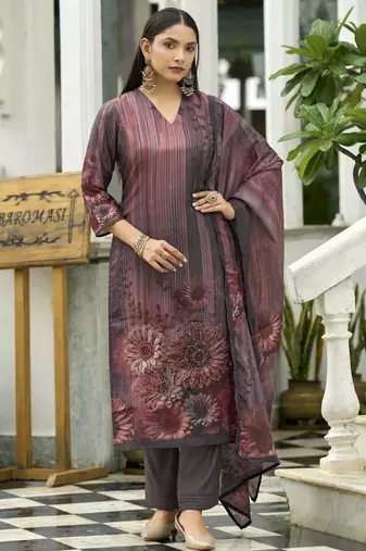 Purple ho organza floral printed straight kurta with pant & printed dupatta
