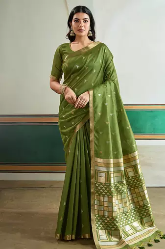 Green handloom weaving silk blend festival wear saree