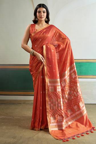 Dark peach handloom weaving silk blend  festival wear saree