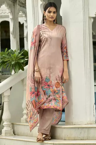 Pink ho organza floral printed straight kurta with pant & printed dupatta