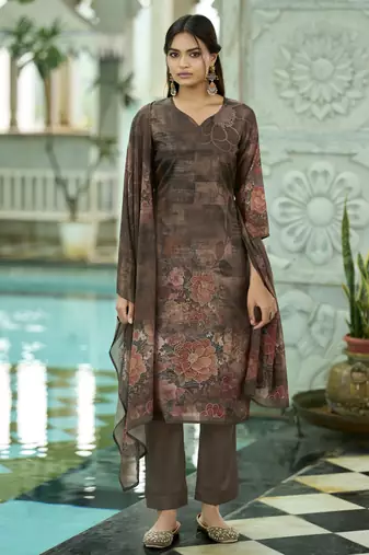 Brown ho organza floral printed straight kurta with pant & printed dupatta