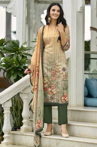 Beige ho organza floral printed straight kurta with pant & printed dupatta