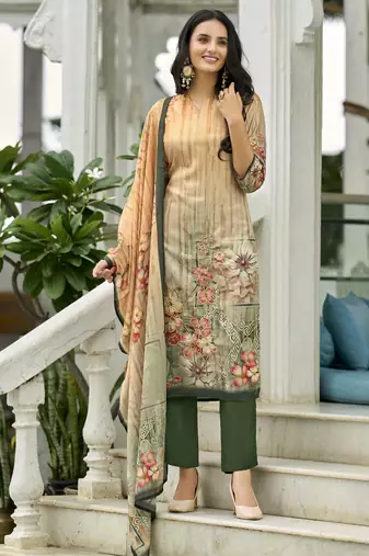 Beige ho organza floral printed straight kurta with pant & printed dupatta
