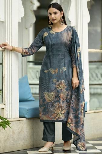 Teal blue ho organza floral printed straight kurta with pant & printed dupatta