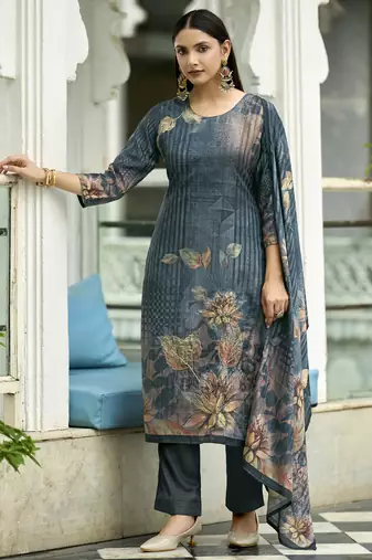Teal blue ho organza floral printed straight kurta with pant & printed dupatta