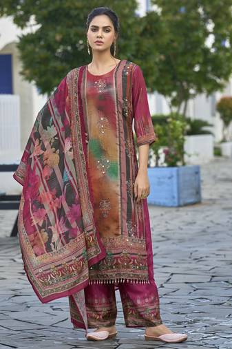 Multicolor chinon chiffon abstract printed straight kurta with palazzo & printed dupatta