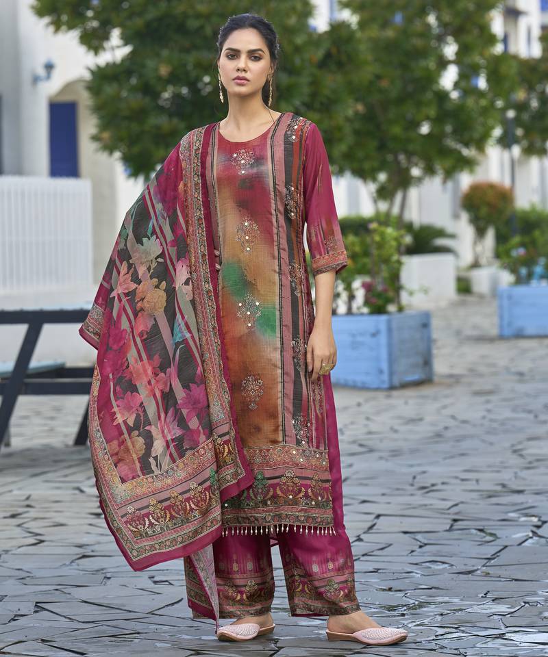 Multicolor chinon chiffon abstract printed straight kurta with palazzo & printed dupatta
