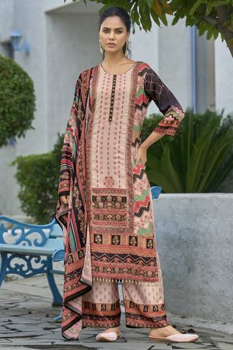 Peach chinon chiffon abstract printed straight kurta with palazzo & printed dupatta