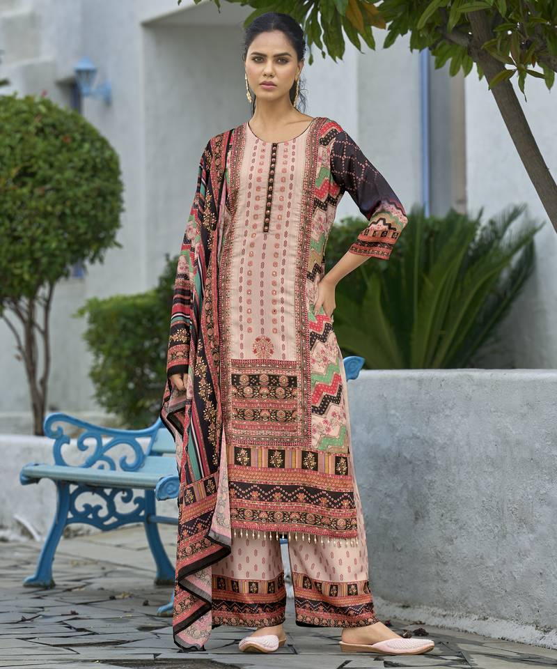 Peach chinon chiffon abstract printed straight kurta with palazzo & printed dupatta