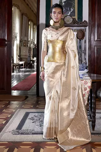 cream color two tone handloom weaving silk blend traditional saree