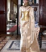 cream color two tone handloom weaving silk blend traditional saree
