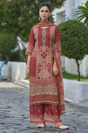 Maroon chinon chiffon abstract printed straight kurta with palazzo & printed dupatta