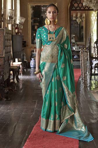 teal color two tone handloom weaving silk blend traditional saree