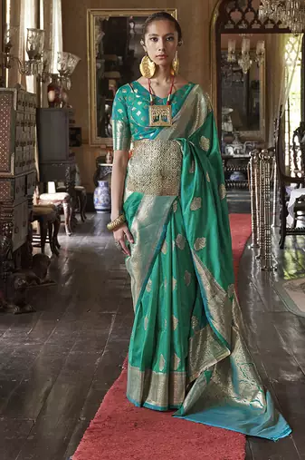 teal color two tone handloom weaving silk blend traditional saree