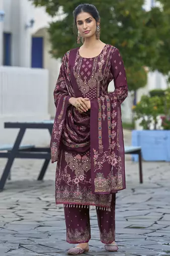 Purple chinon chiffon abstract printed straight kurta with palazzo & printed dupatta