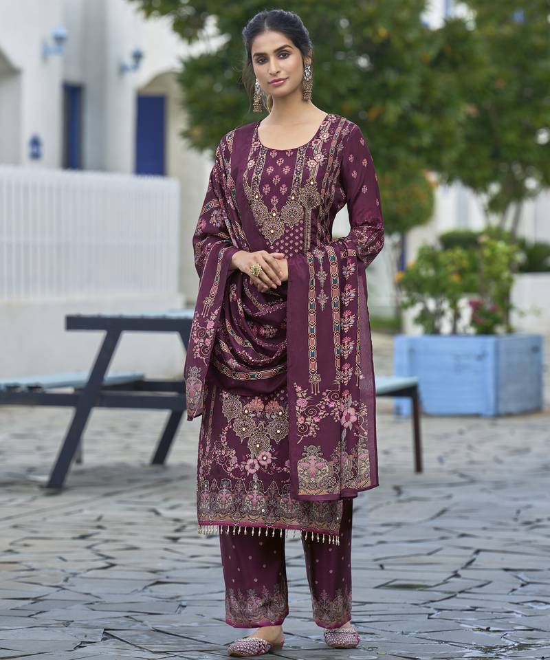 Purple chinon chiffon abstract printed straight kurta with palazzo & printed dupatta