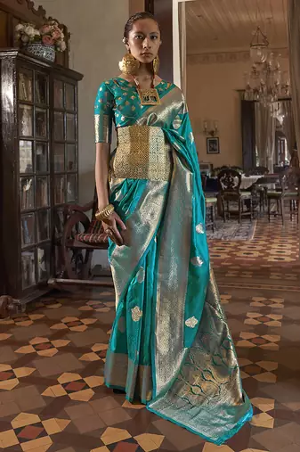 turquoise color two tone handloom weaving silk blend traditional saree