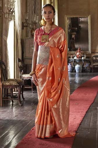 orange color two tone handloom weaving silk blend traditional saree