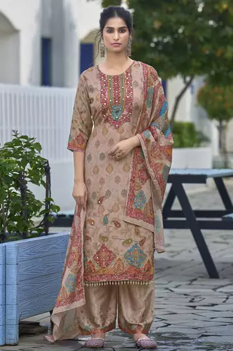 Peach chinon chiffon abstract printed straight kurta with palazzo & printed dupatta