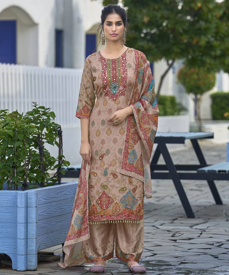 Peach chinon chiffon abstract printed straight kurta with palazzo & printed dupatta