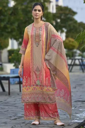 Red chinon chiffon abstract printed straight kurta with palazzo & printed dupatta