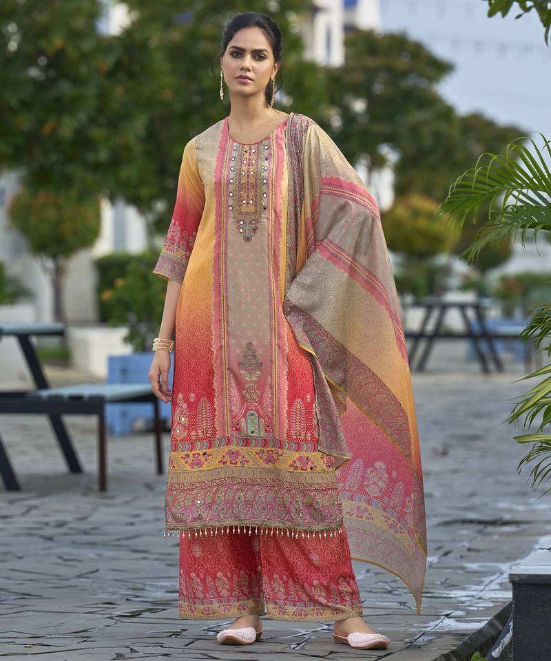 Red chinon chiffon abstract printed straight kurta with palazzo & printed dupatta